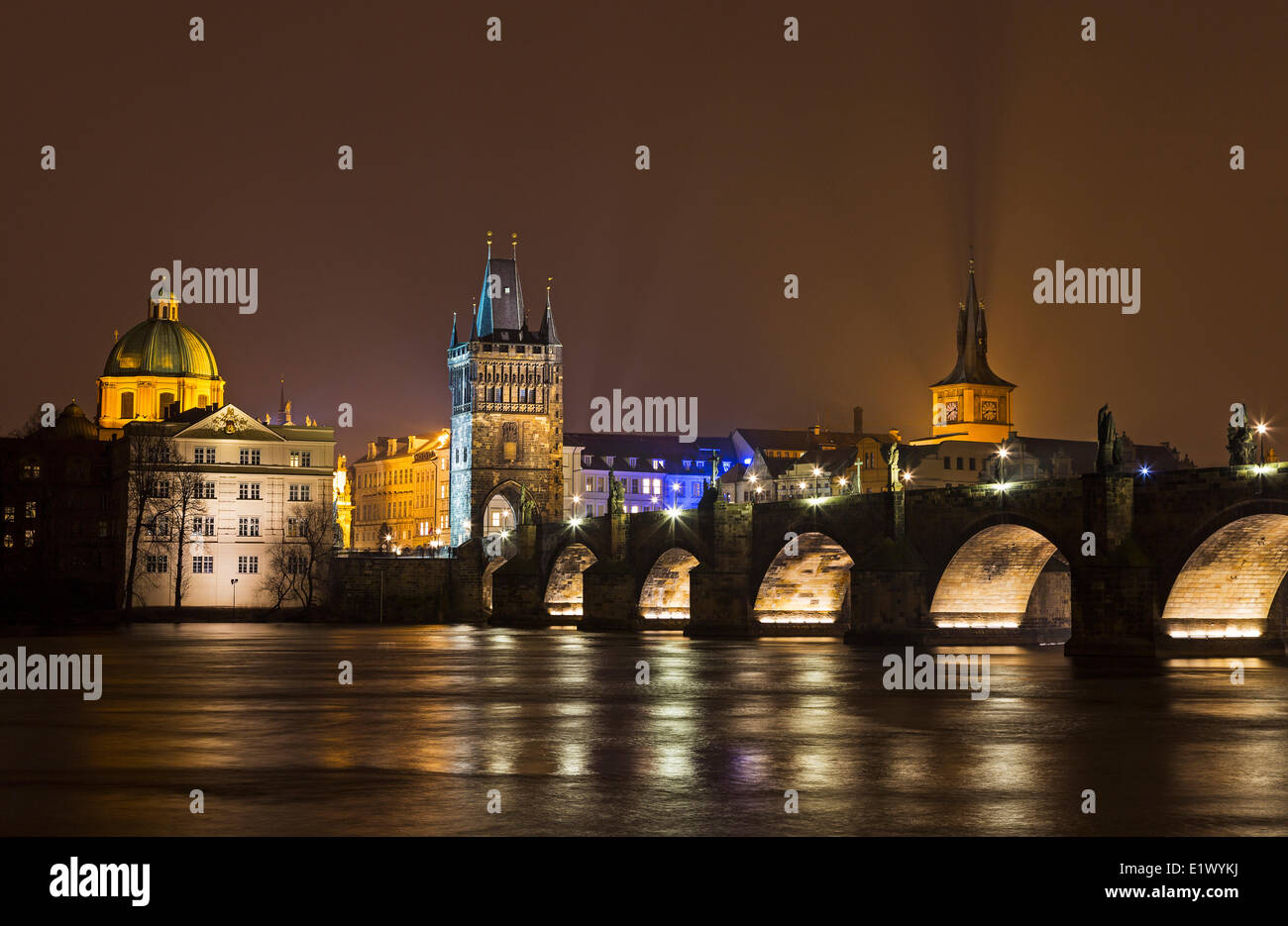 Prague, Czech Republic, Charles Bridge, night photography, Prague at night, Vltava River, Stock Photo