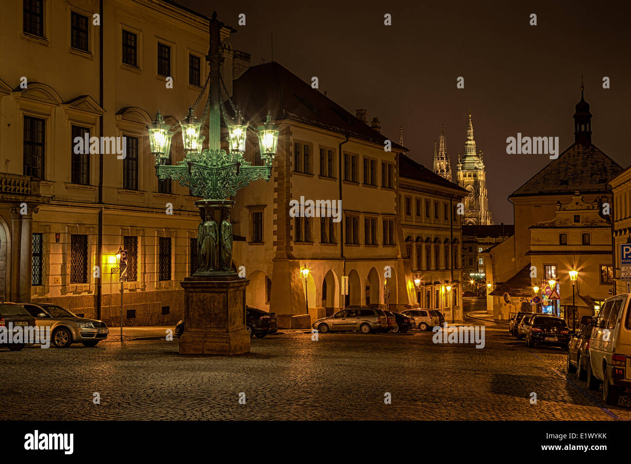 Prague, Czech Republic, Prague Castle, gas lamp post, night street scene, Stock Photo