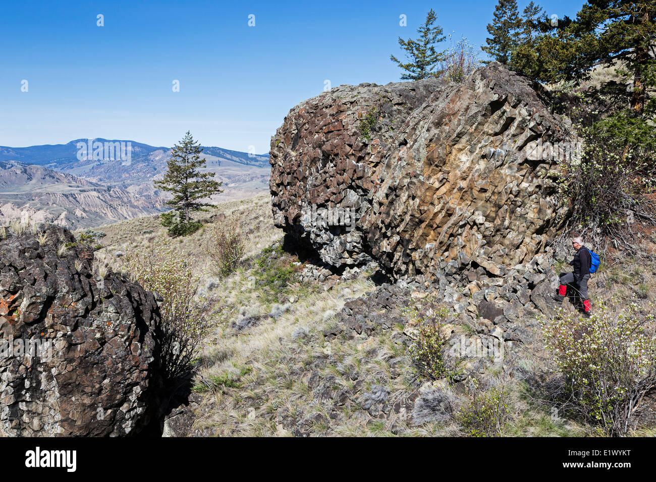 British Columbia, Canada, BC Grasslands, hiking, volcanic boulders, lava bombs, basalt, Stock Photo