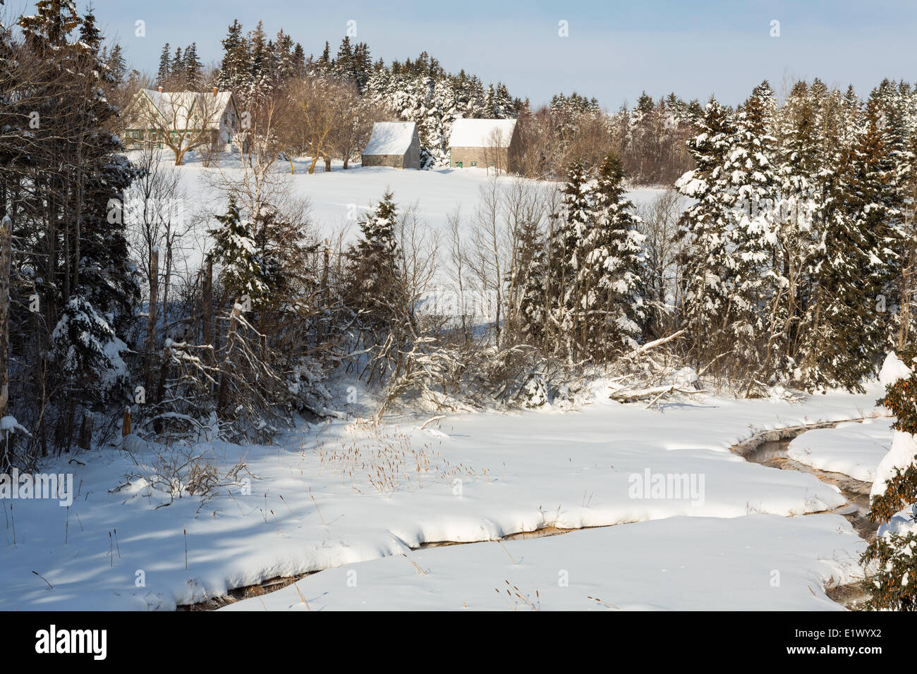 Farm and stream, Clinton,  Prince Edward Island, Canada Stock Photo