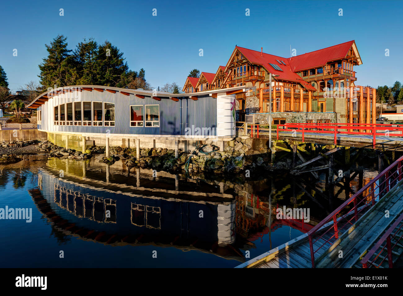 The front facade the newly designed Ucluelet Aquarium overlooks the quaint town's inner harbour.  Ucluelet Vancouver Island Stock Photo