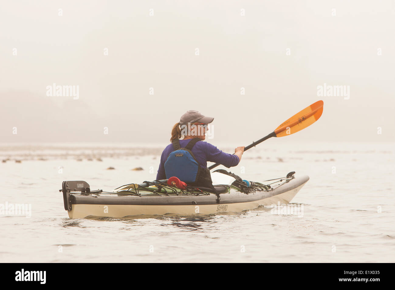 A kayak guide paddles through a misty sea while working with a group kayakers in the Broken Island Group. Barkley Sound Stock Photo