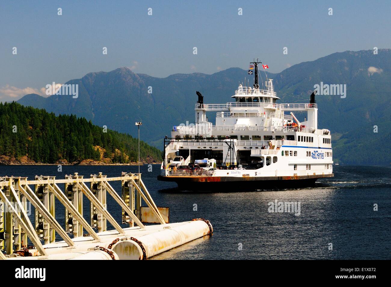 The BC Ferry, Island Sky, arriving at Earls Cove (near Sechelt) from Saltery Bay, near Powell River, BC. Stock Photo