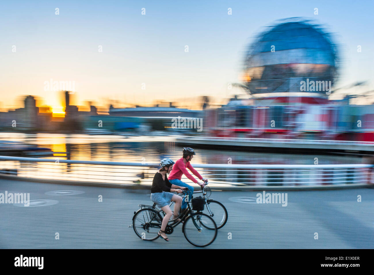 Bicyclists and Science World. Stock Photo