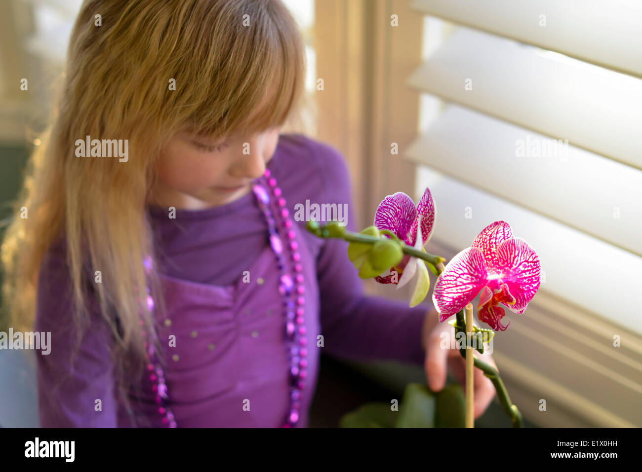 Young girl hanging out beside an orchid Stock Photo
