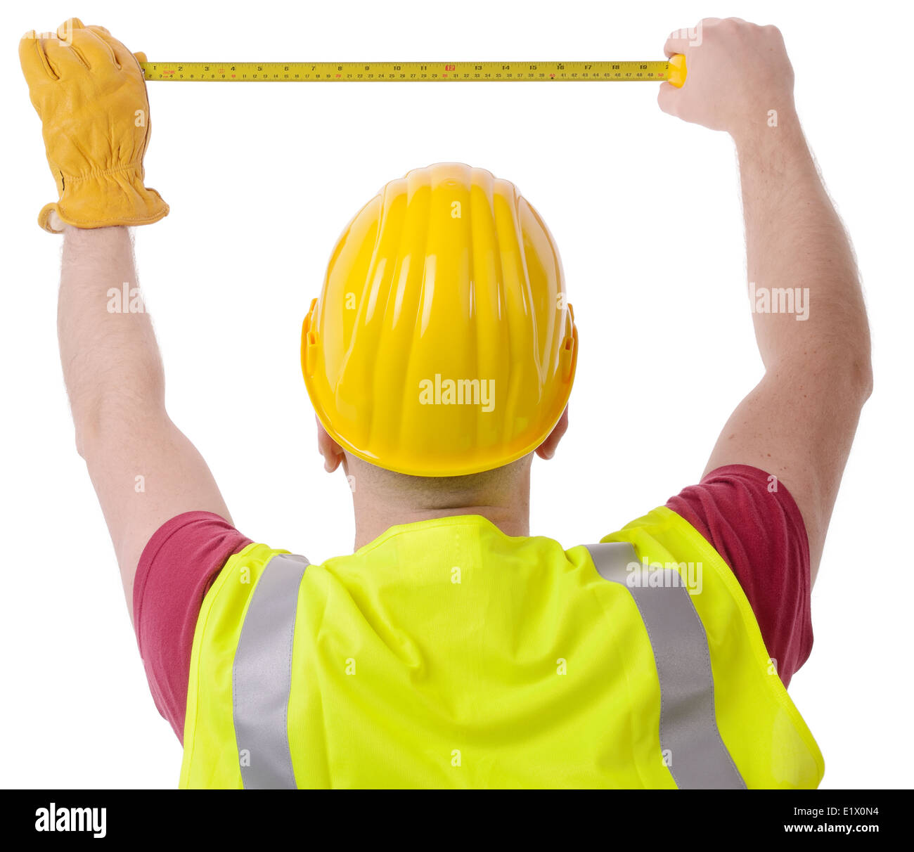 construction worker measuring with tape isolated on a white background
