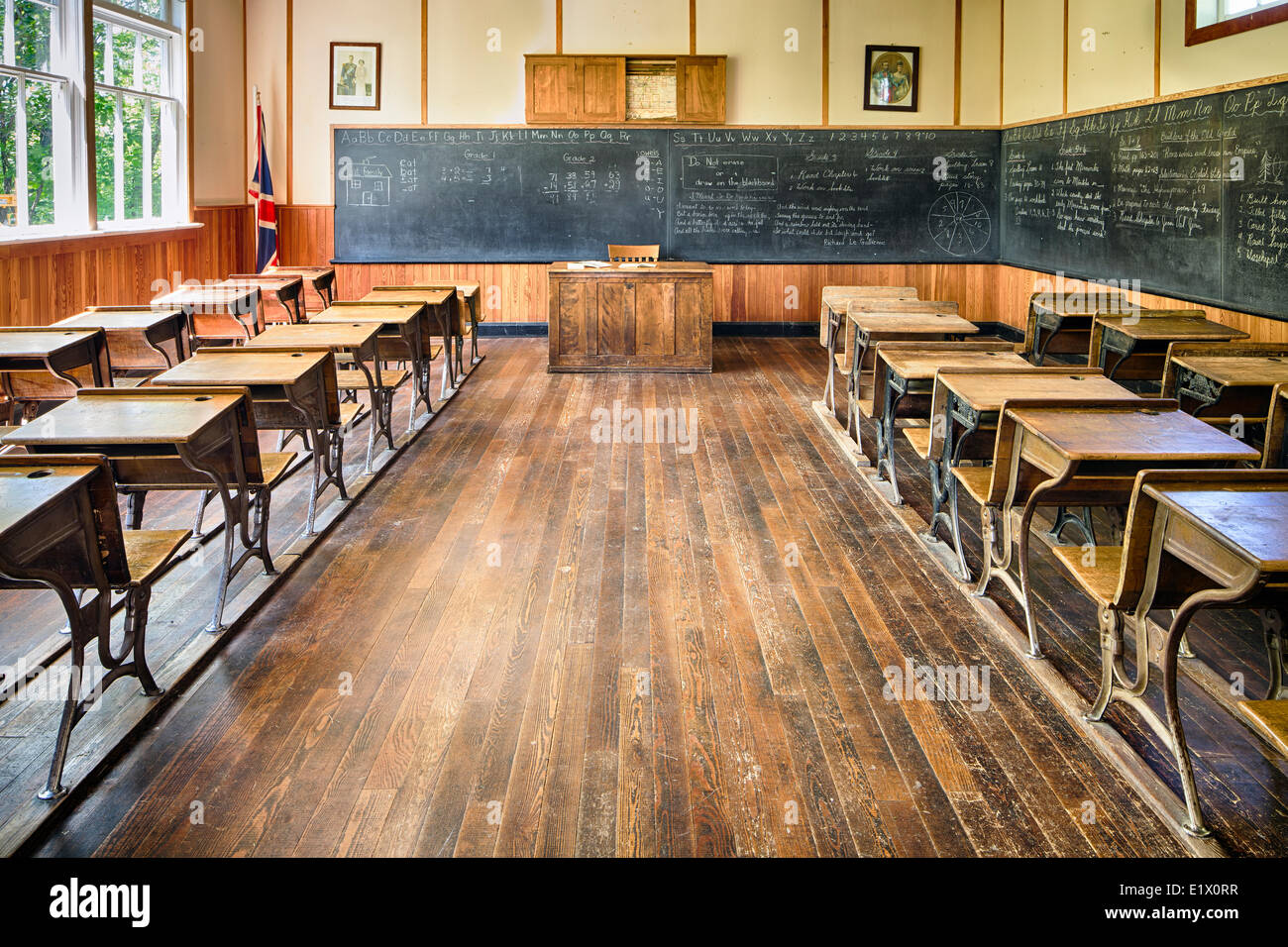 One room school house interior at Mennonite Heritage Village, Steinbach, Manitoba, Canada Stock Photo