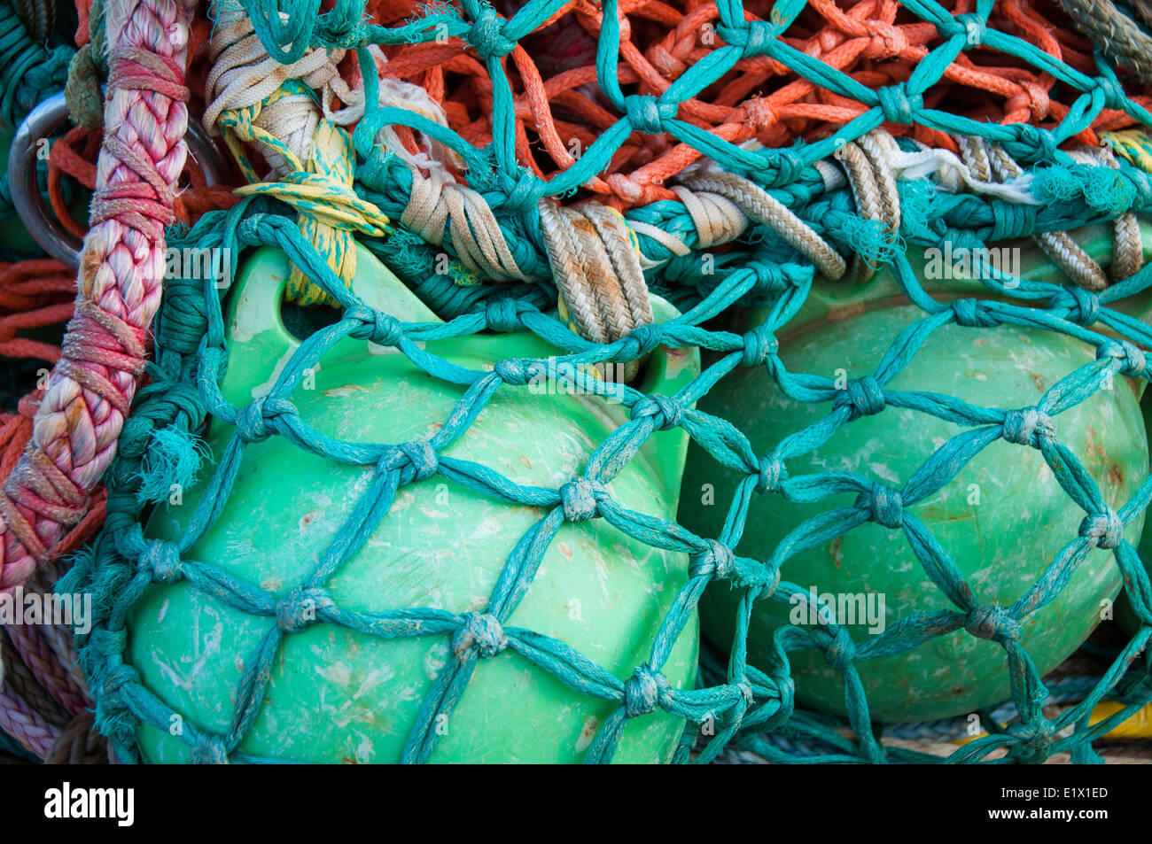 Close up of colourful coiled fishnig nets and floats Steveston, British Columbia, Canada Stock Photo