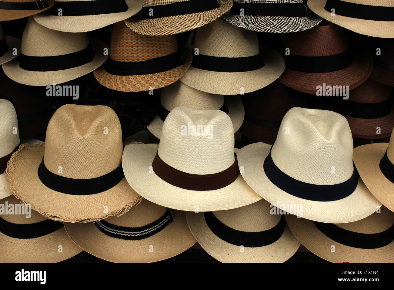 Handmade Panama Hats for sale at the outdoor craft market in Otavalo, Ecuador Stock Photo