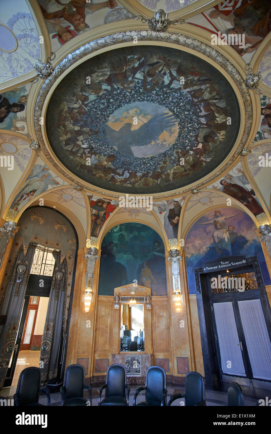 Ceiling Decoration (Murals) in Lord Mayor's Hall in Municipal House by Alfons Mucha (Art Nouveau), Prague Czech Republic Stock Photo