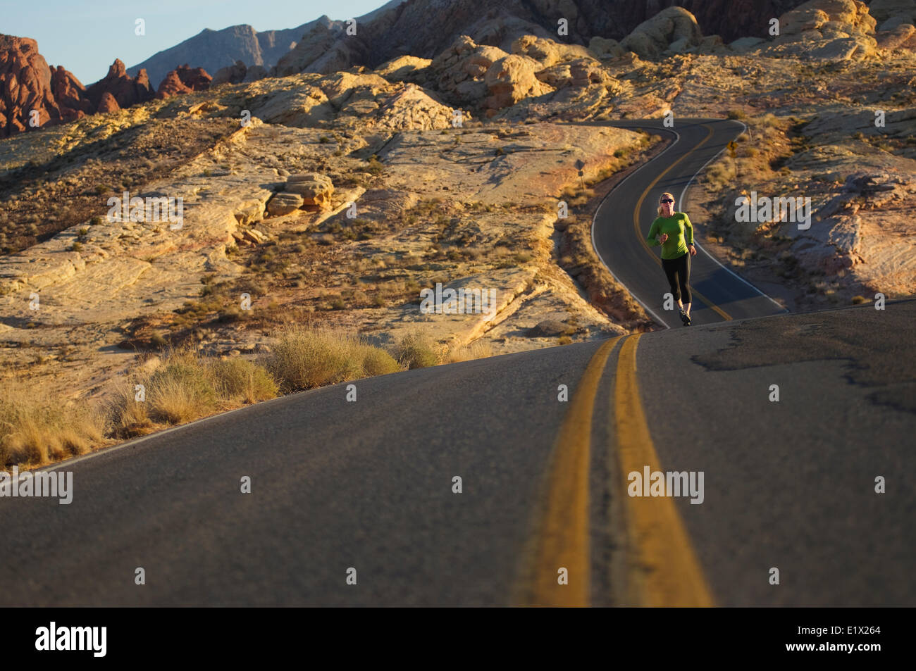 Road running in Valley of Fire State Park. Las Vegas, Nevada. Stock Photo