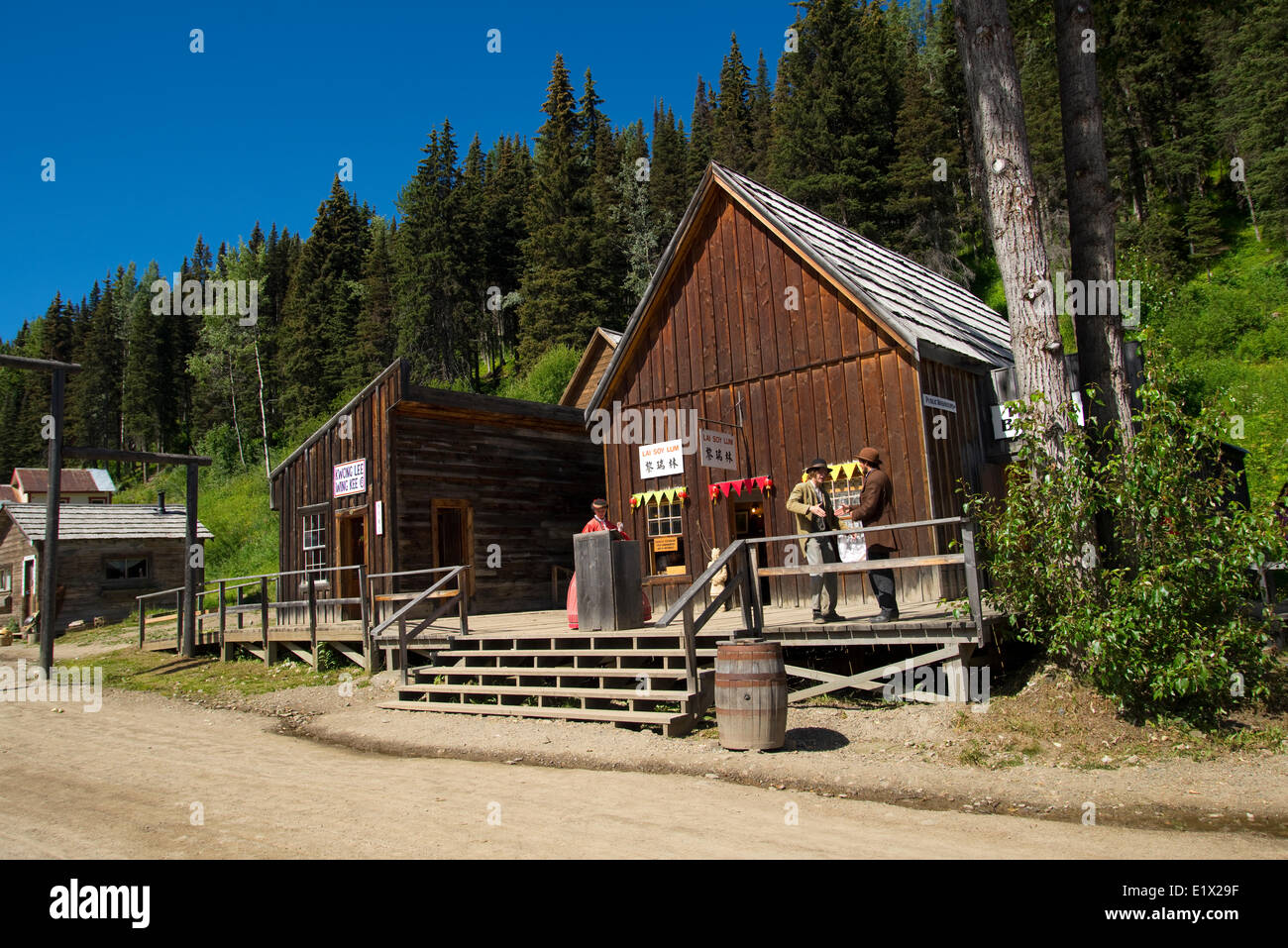 Period re-enactment, Street theatre actors in the historic gold rush townsite of Barkerville. Cariboo Region, British Columbia. Stock Photo