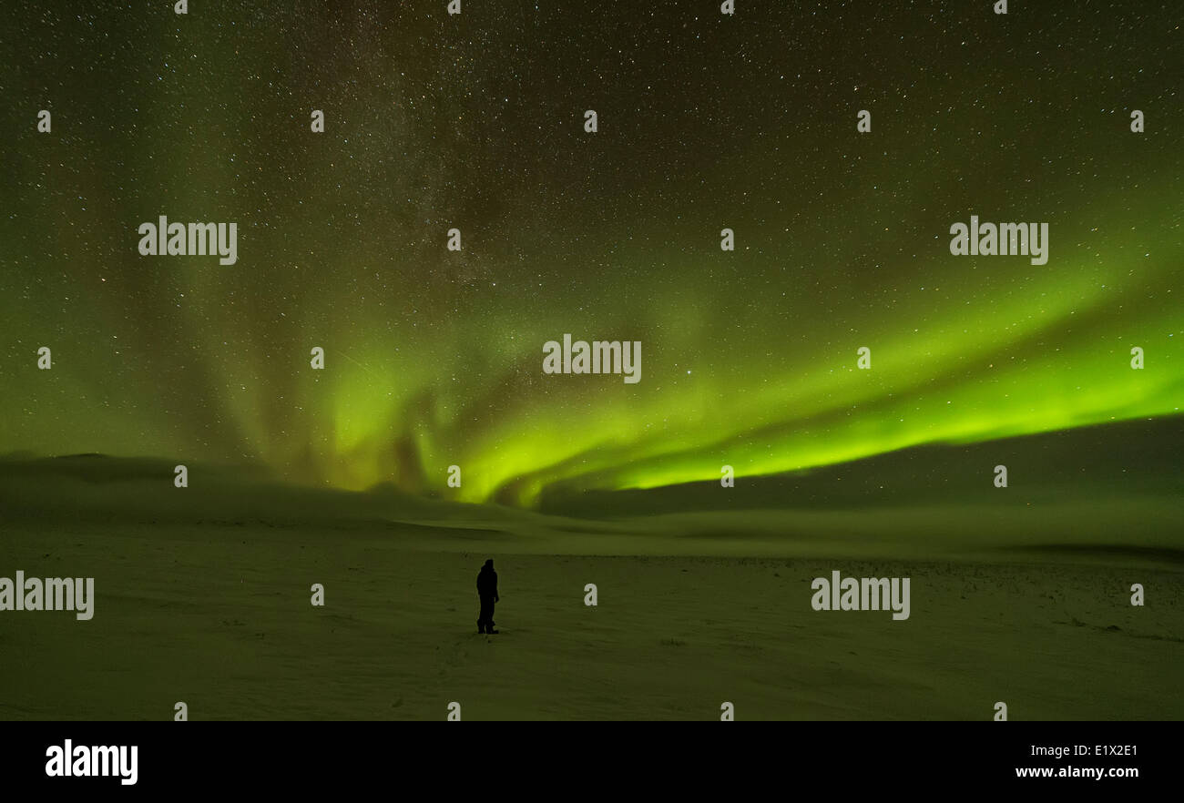 A person standing in the snow under the Aurora Borealis or Northern ...
