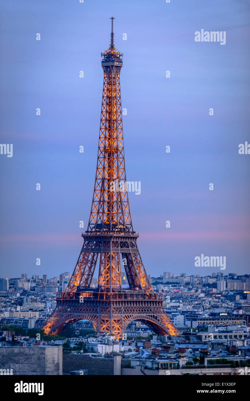 Paris - September 1: Eiffel Tower at dusk as seen from the Arc de Triomphe on September 1, 2013 in Paris, France Stock Photo