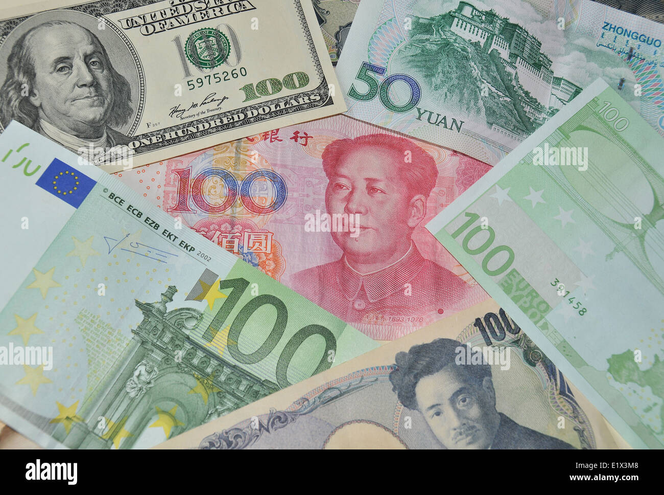International currencies dollar yuan euro yen notes Stock Photo