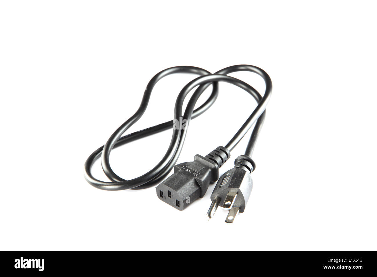 Black power cable of plug and socket isolated on white background. Stock Photo