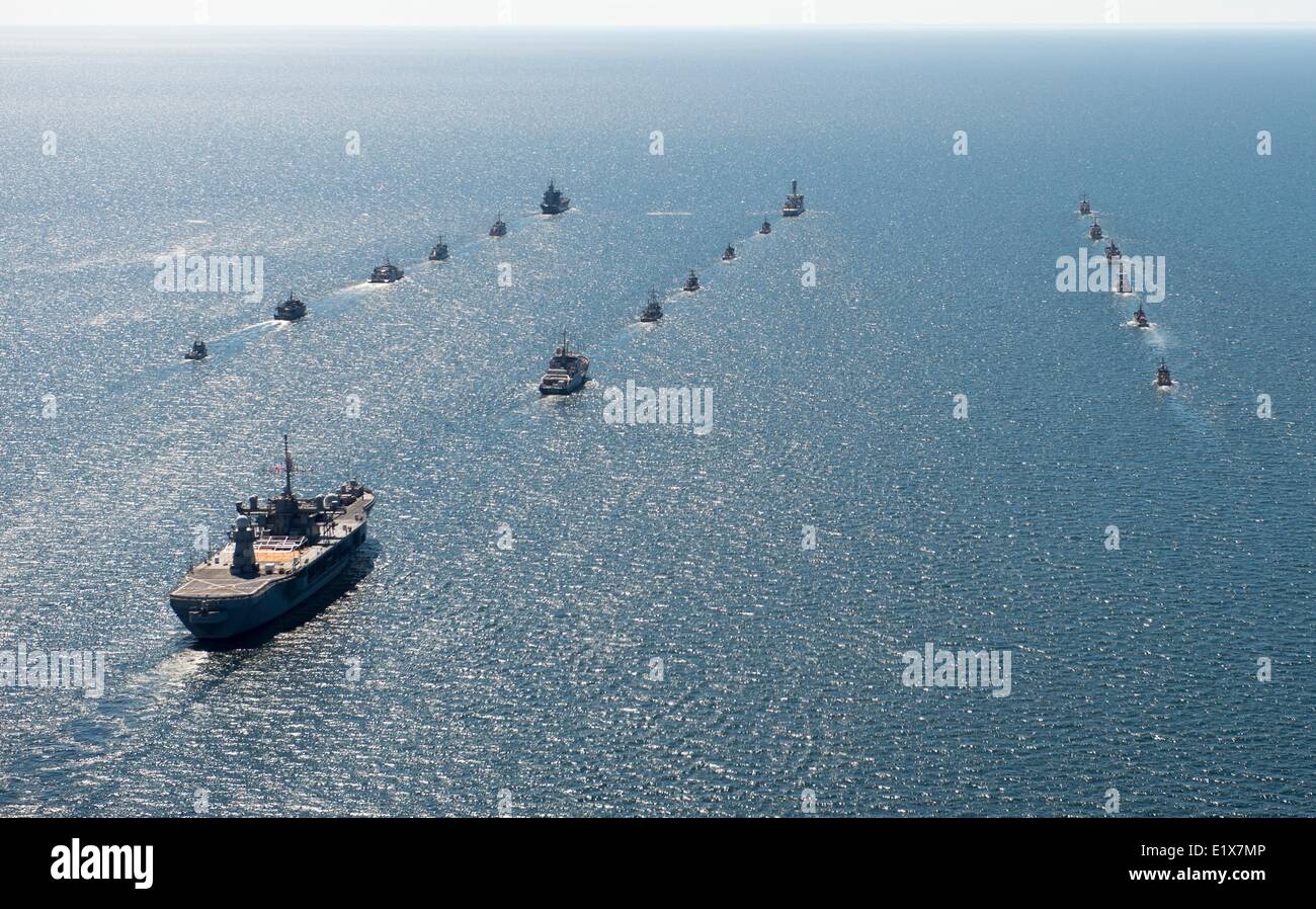 Navy warships from various nations in the Baltic Region and the U.S. 6th Fleet command ship USS Mount Whitney in underway in formation during exercise Baltic Operations June 9, 2014 in the Baltic Sea. Stock Photo
