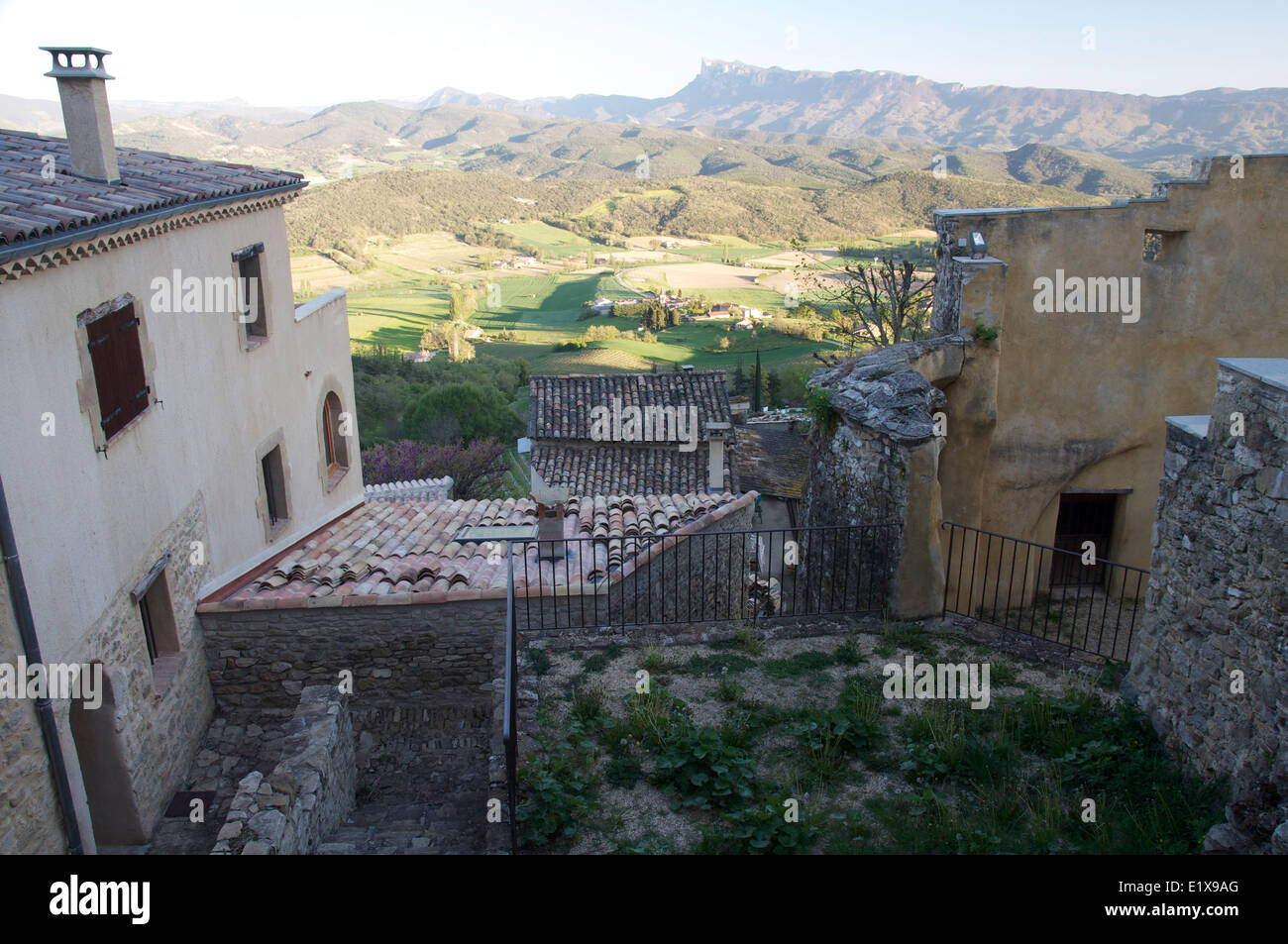 French landscape. Vieux-Suze (Old Suze) an ancient fortified village perched on a steep hillside overlooking a fertile valley in La Drôme, France. Stock Photo