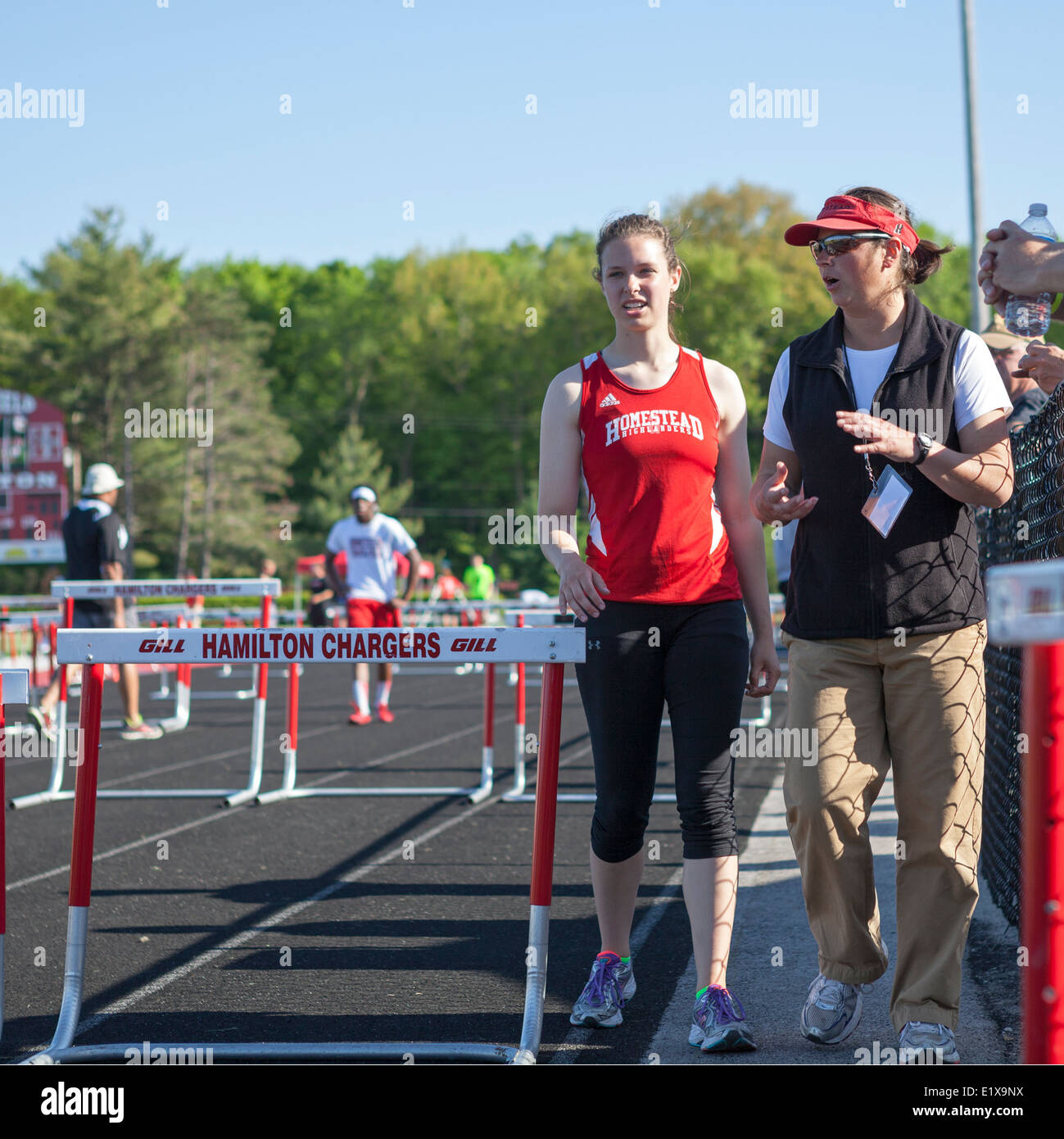 High school athletes compete in a track and field meet in Milwaukee, Wisconsin, USA Stock Photo