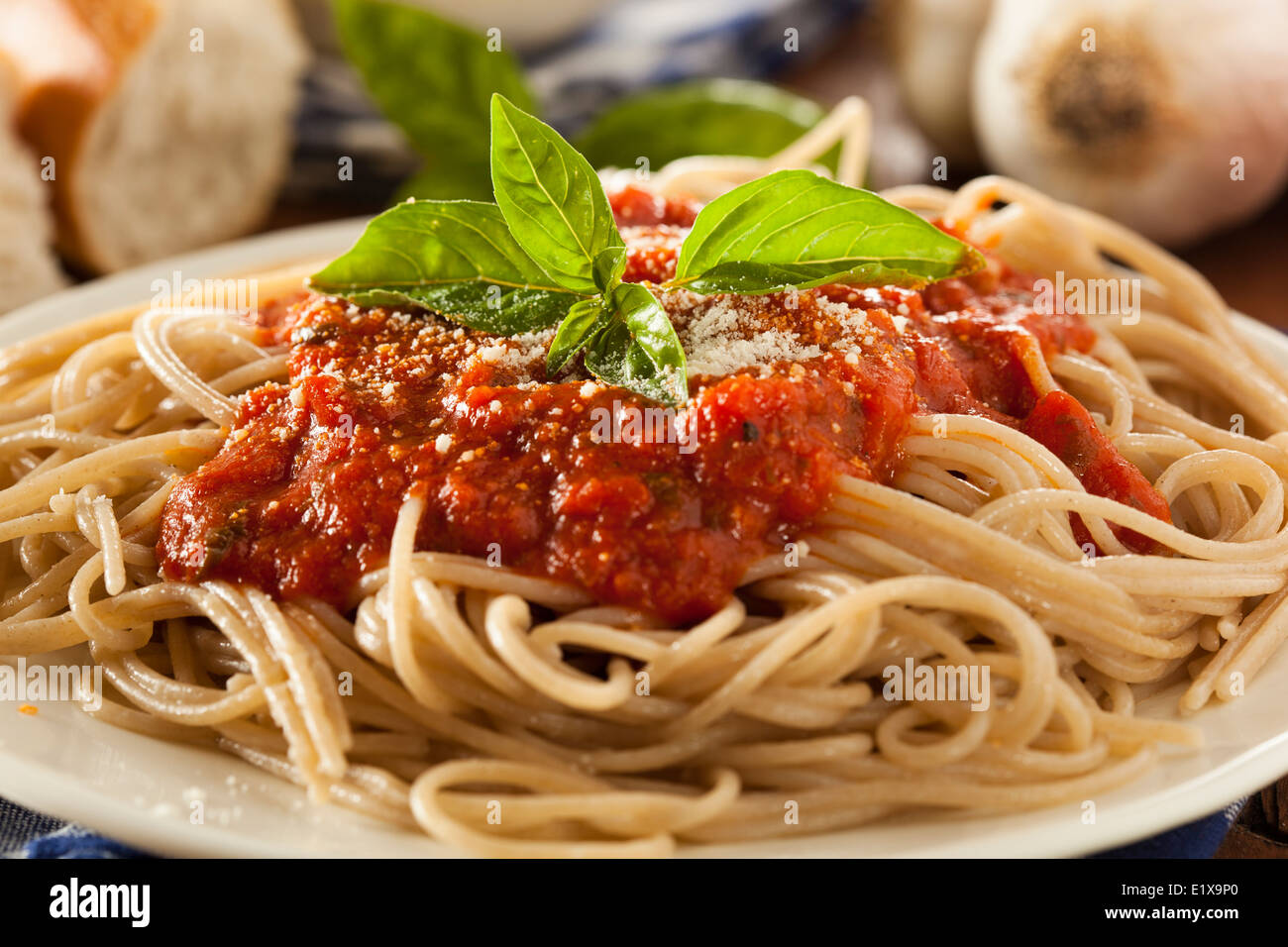 Homemade Spaghetti with Marinara Sauce and Basil Stock Photo Alamy