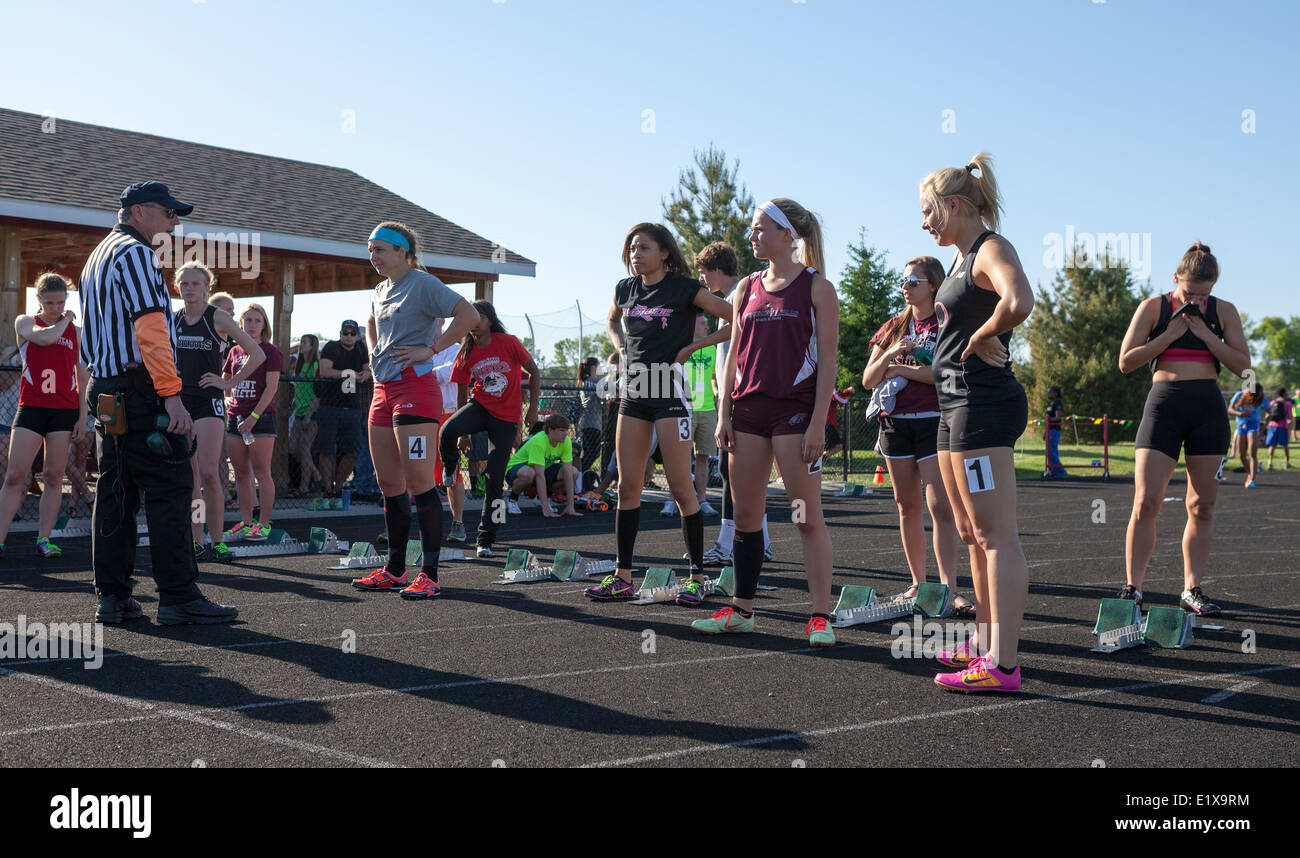 High school athletes compete in a track and field meet in Milwaukee, Wisconsin, USA. Stock Photo