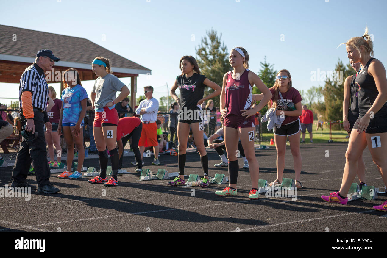 High school athletes compete in a track and field meet in Milwaukee, Wisconsin, USA. Stock Photo