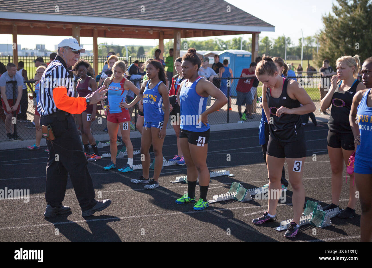 High school athletes compete in a track and field meet in Milwaukee, Wisconsin, USA. Stock Photo