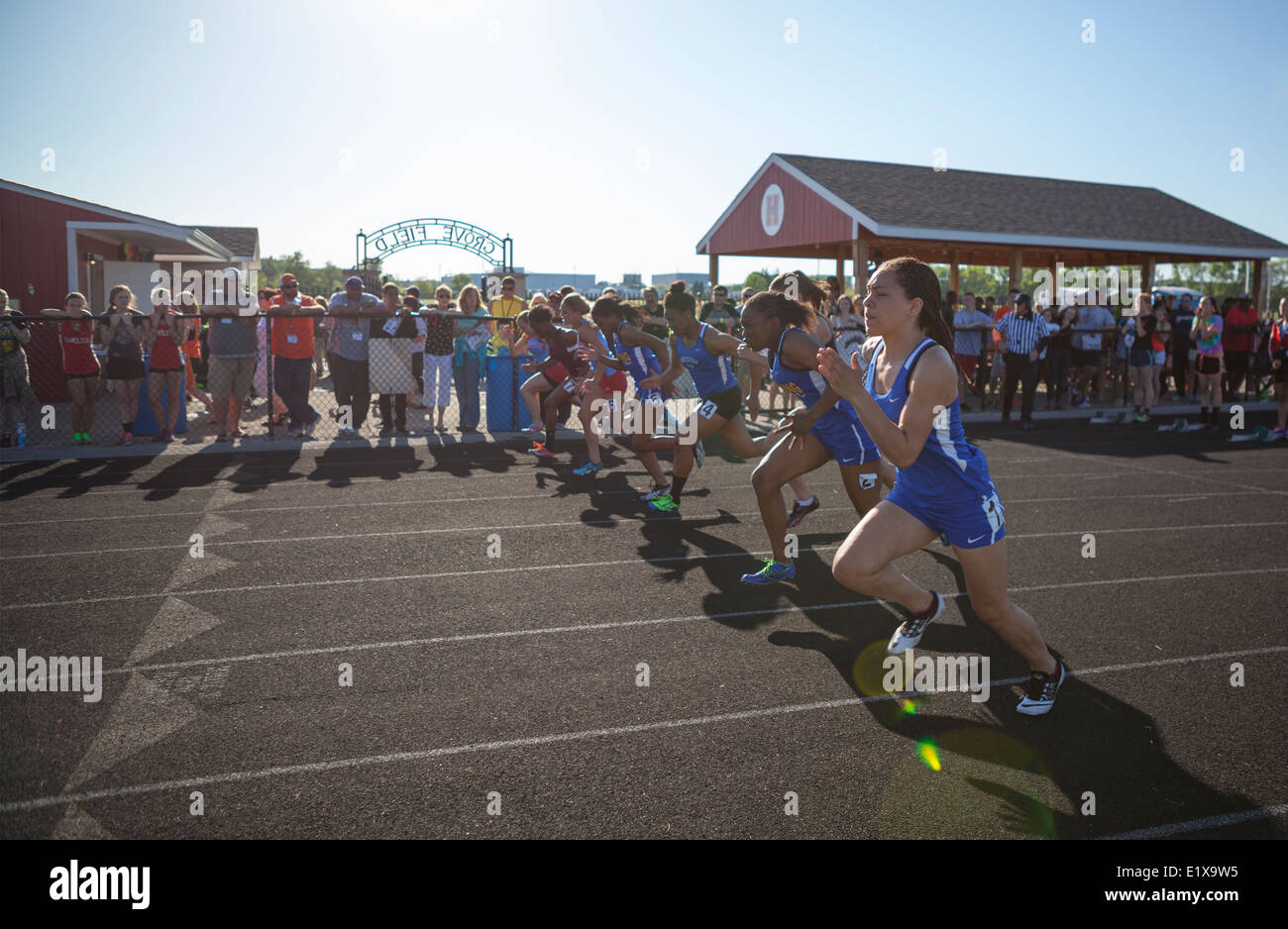 High school athletes compete in a track and field meet in Milwaukee, Wisconsin, USA. Stock Photo
