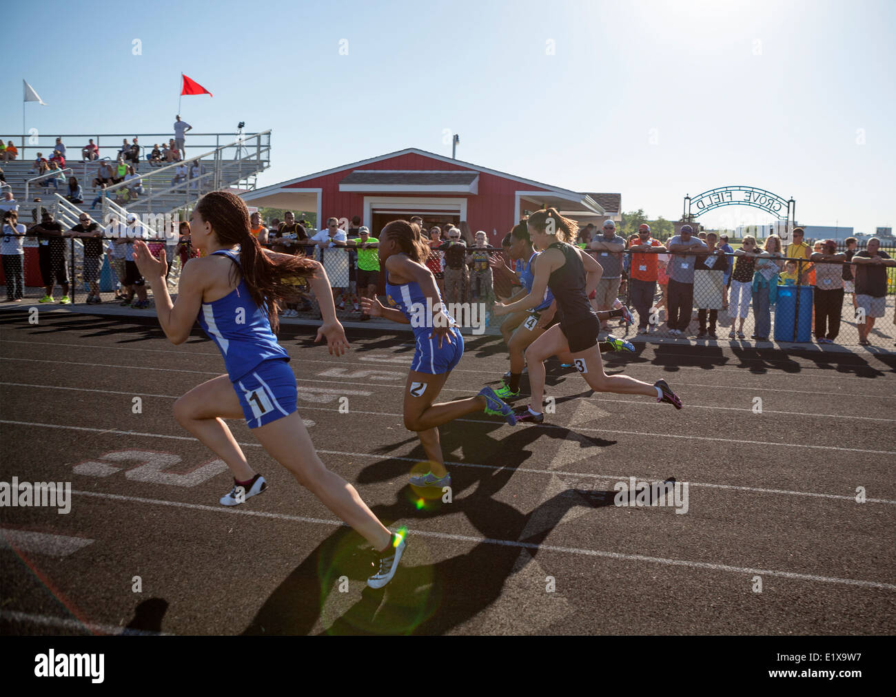 High school athletes compete in a track and field meet in Milwaukee, Wisconsin, USA. Stock Photo