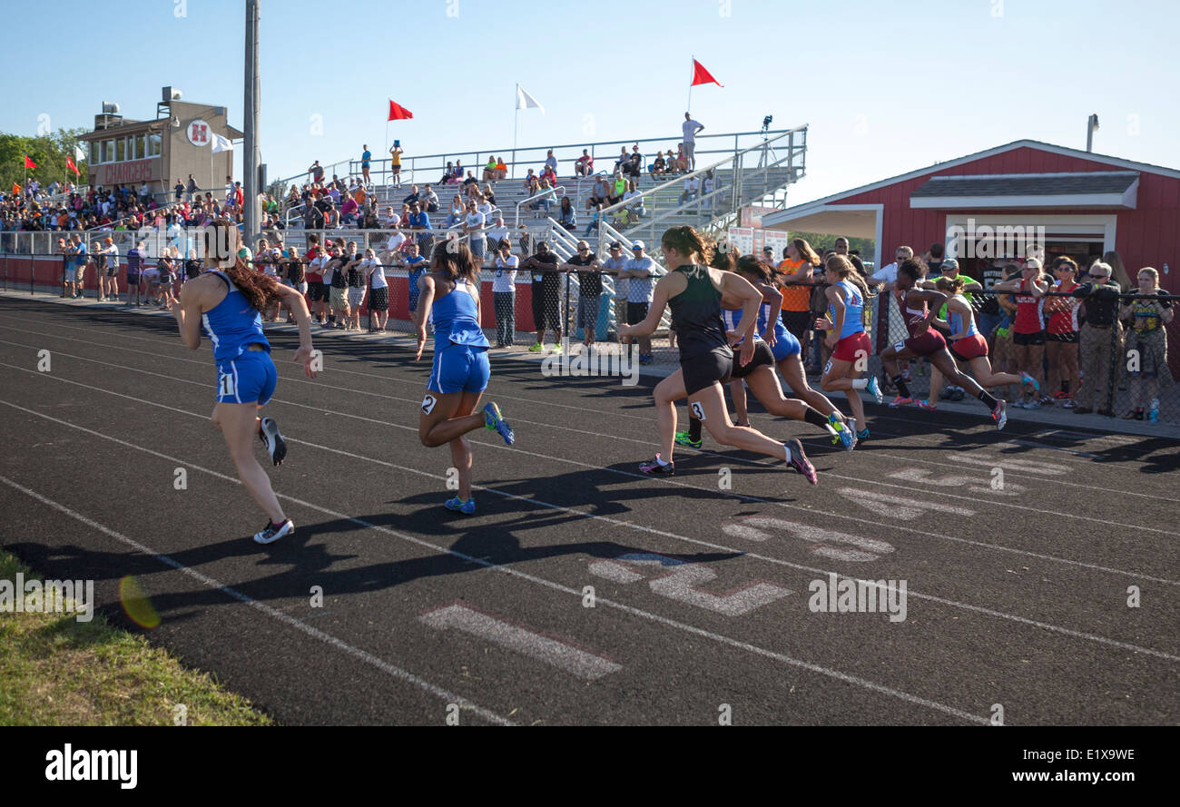 High school athletes compete in a track and field meet in Milwaukee, Wisconsin, USA. Stock Photo