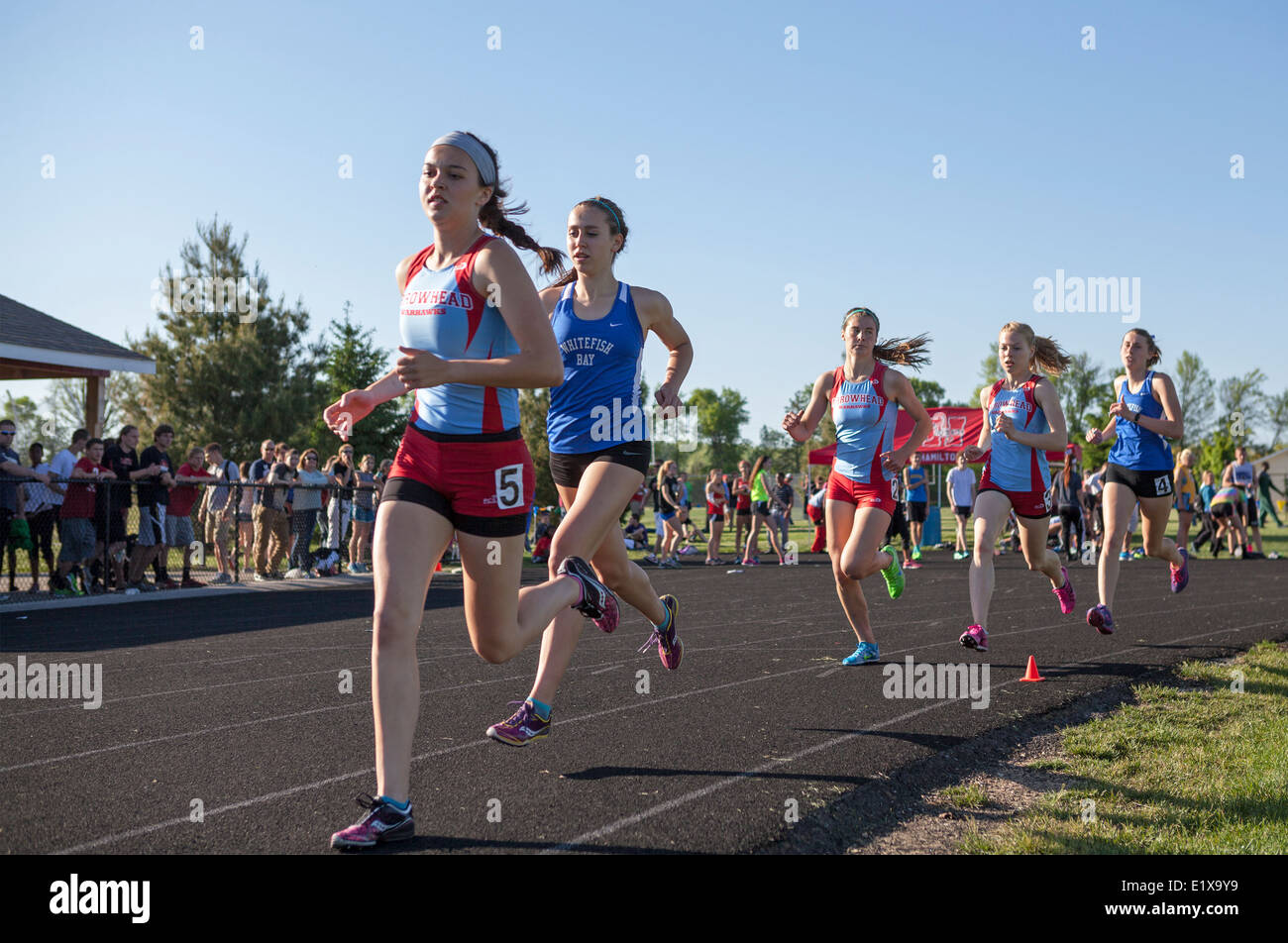 High school athletes compete in a track and field meet in Milwaukee, Wisconsin, USA. Stock Photo