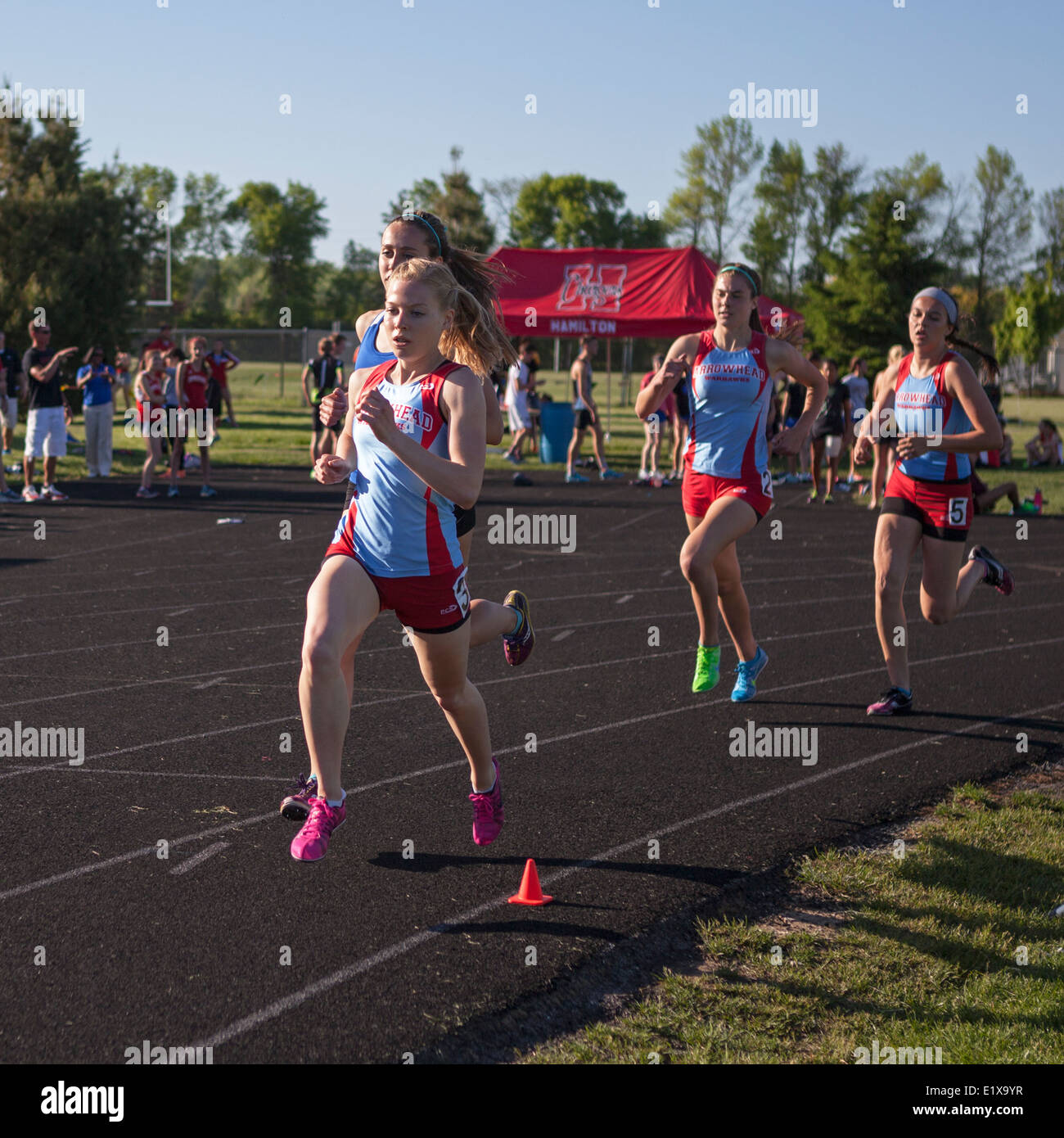 High school athletes compete in a track and field meet in Milwaukee, Wisconsin, USA. Stock Photo