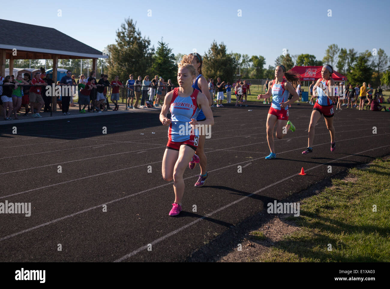 High school athletes compete in a track and field meet in Milwaukee, Wisconsin, USA. Stock Photo