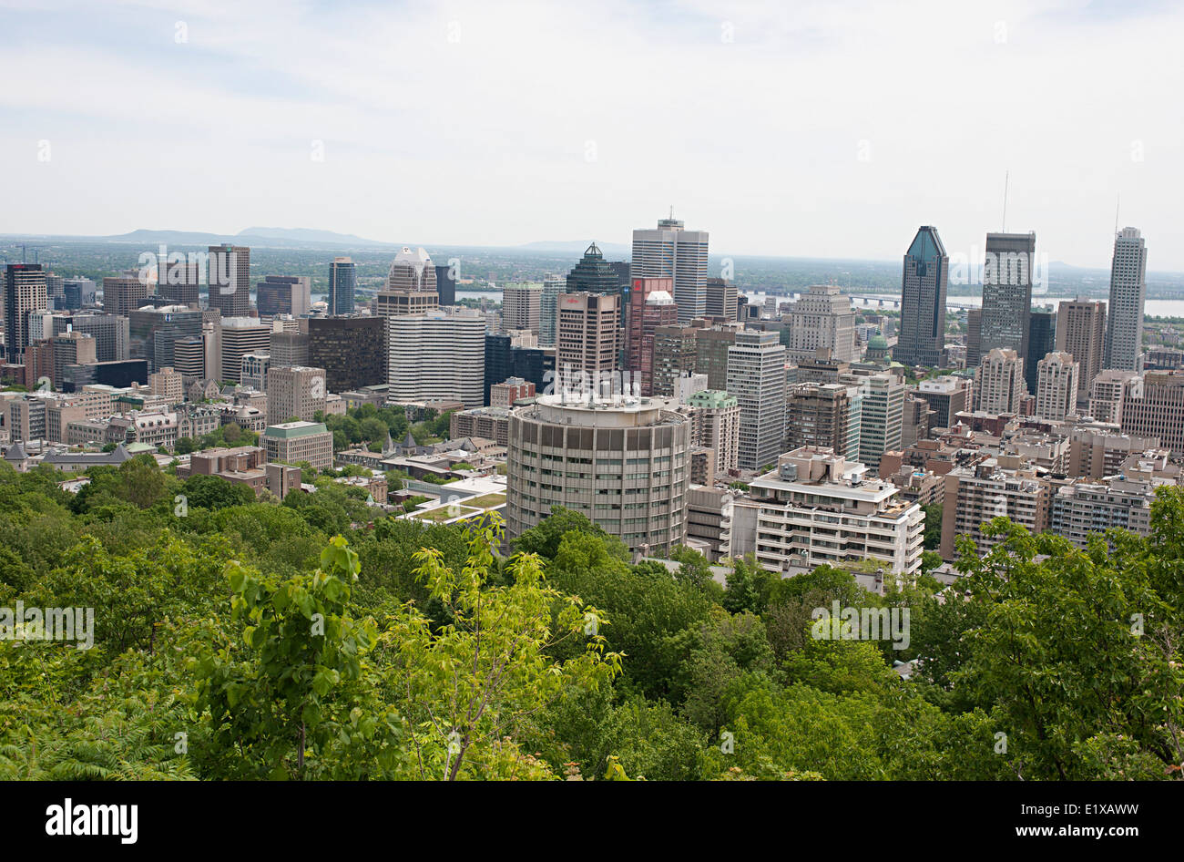 View of Montreal City from the plaza on Mount Royal Lookout Hill. Stock Photo