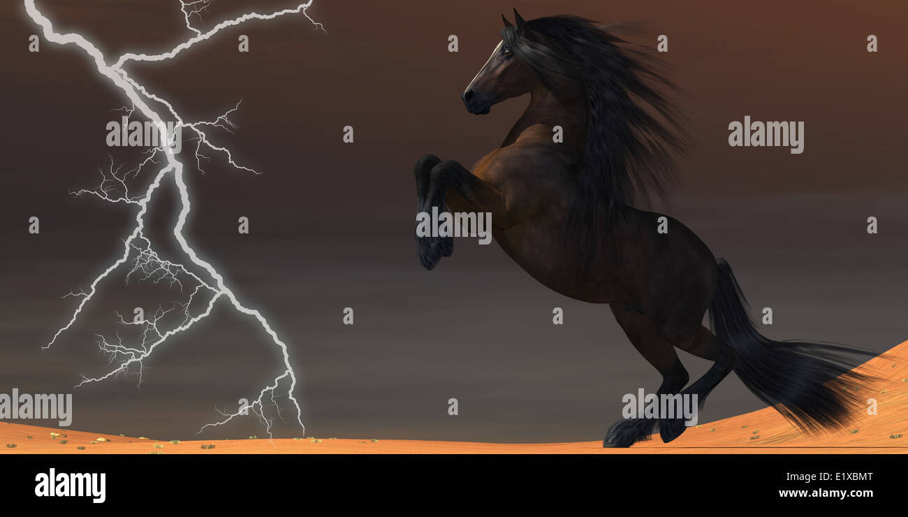A flash of lightning from a thunderstorm scares a wild desert horse. Stock Photo