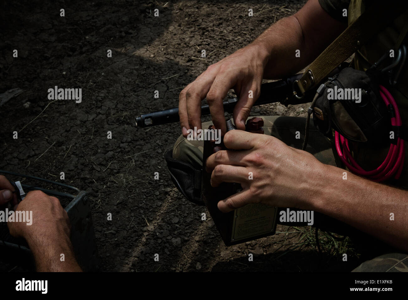 Donbas, Donetsk, Ukraine. 9th June, 2014. Ukrainian Army combat engineers prepare foucade bombs for the destruct at Donbas(Donetsk region) Credit:  Sergii Kharchenko/Pacific Press/Alamy Live News Stock Photo