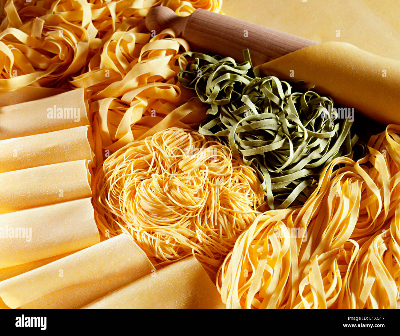 Wide variety of different raw handmade Italian pastas Stock Photo