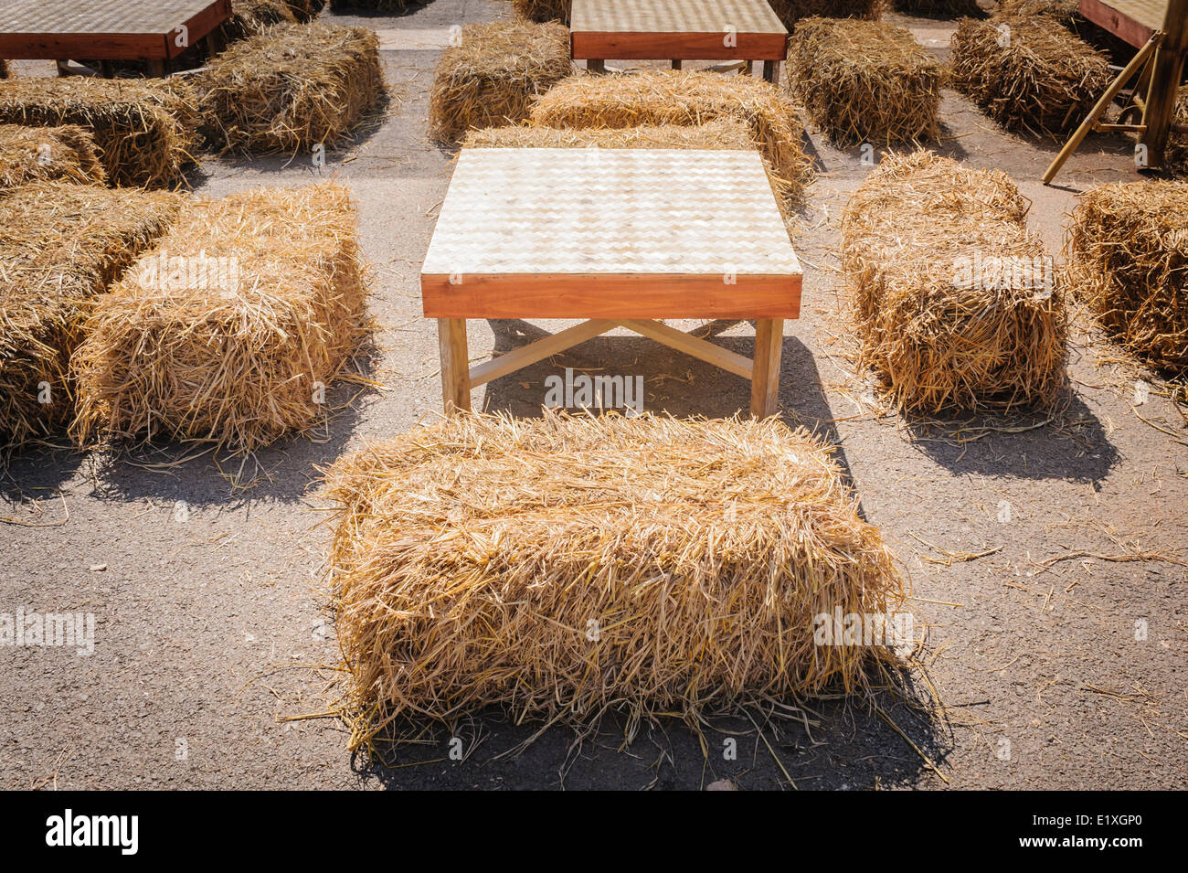 table and straw chair in contryside. Stock Photo
