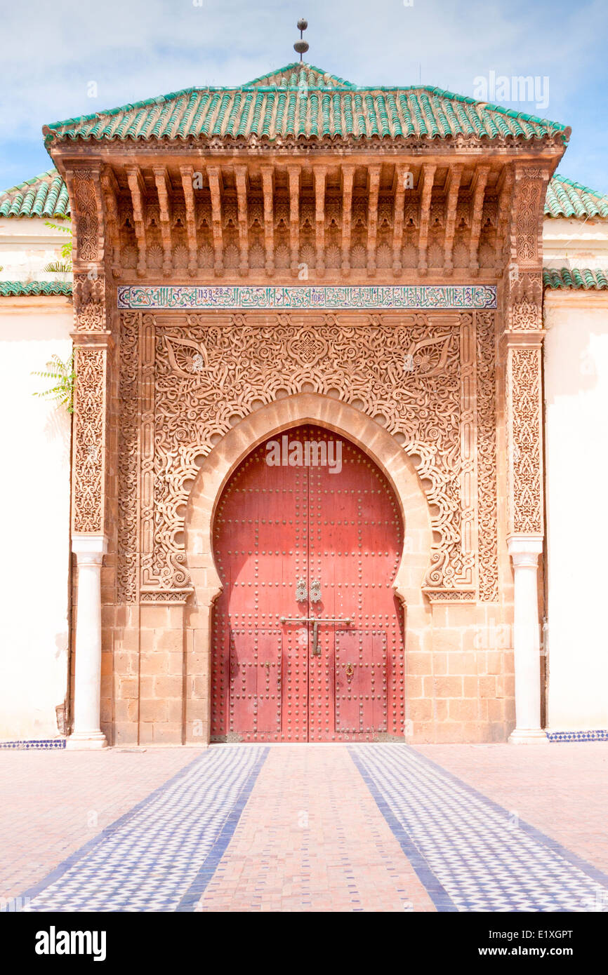 View of the impressive entrance to the Mausoleum of Moulay Ismail in Meknes, Morocco. Stock Photo