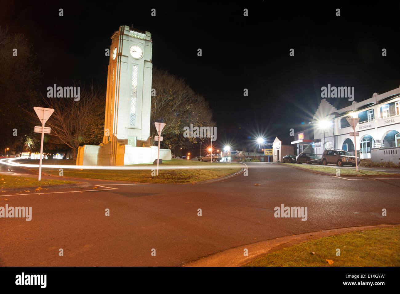 Cambridge intersection and clock tower. night scenes, street and buildings, New Zealand. Stock Photo