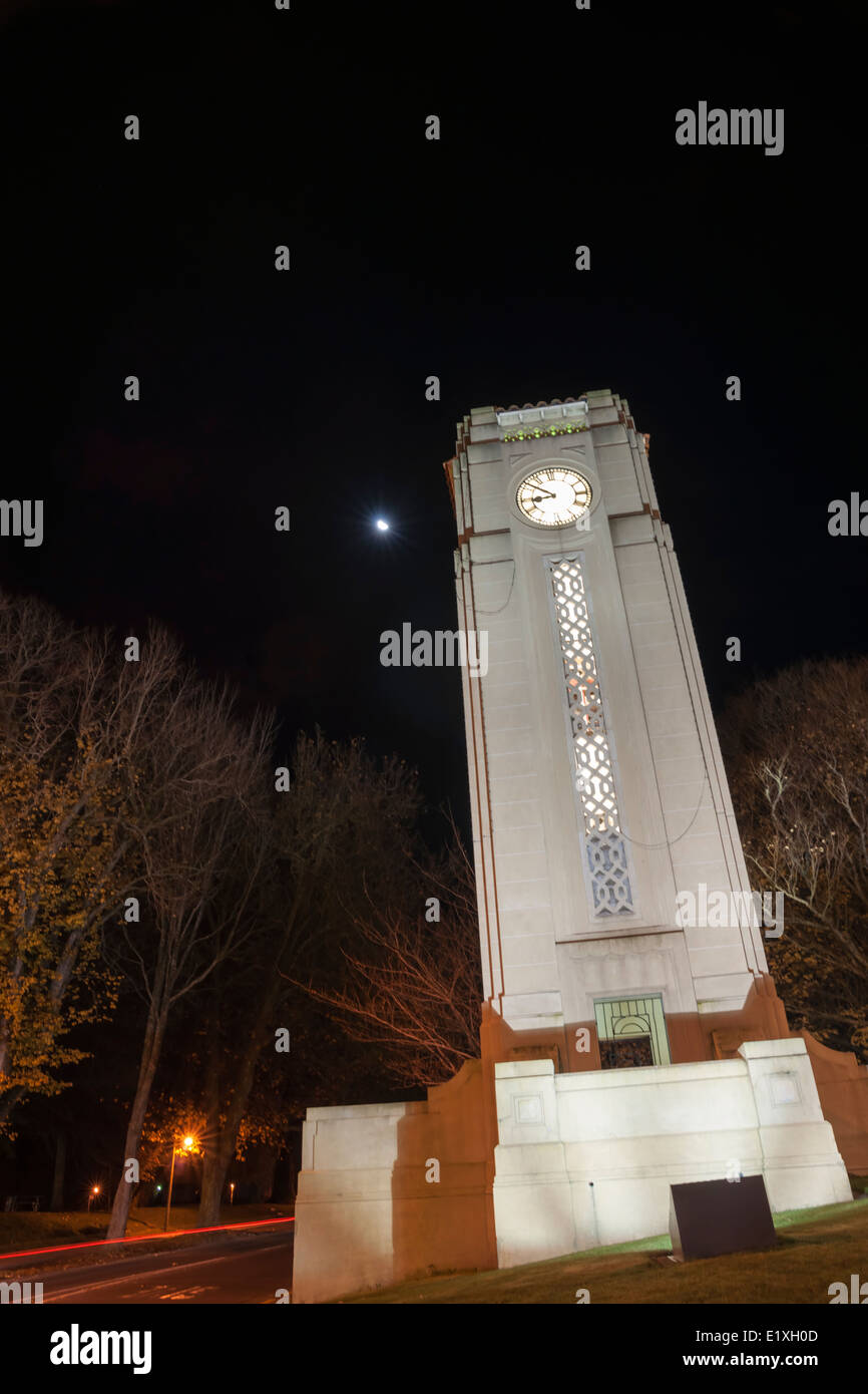 Cambridge, Town clock tower, night scenes, street and buildings. New Zealand. Stock Photo
