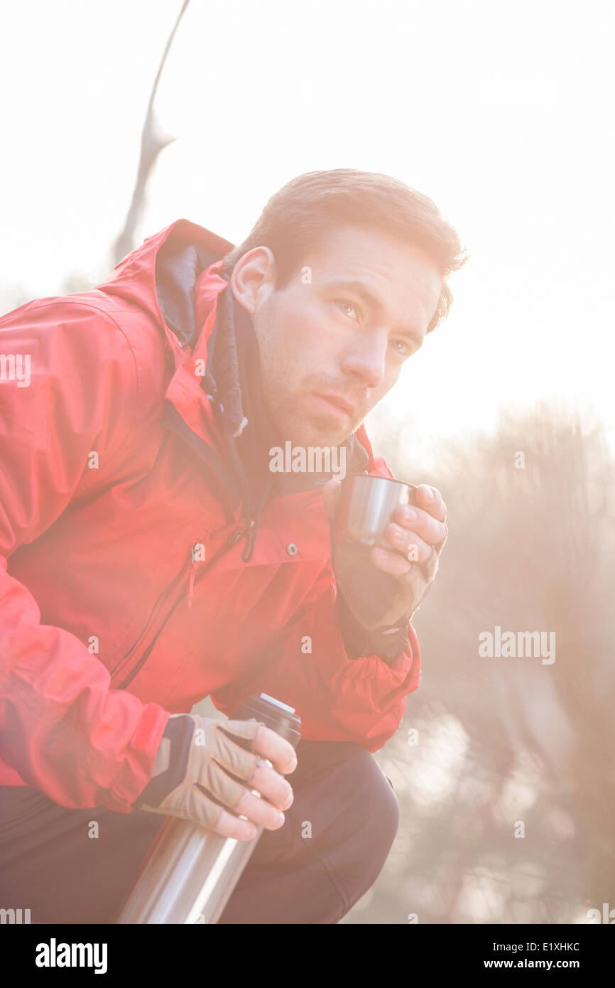Male hiker having coffee in forest Stock Photo