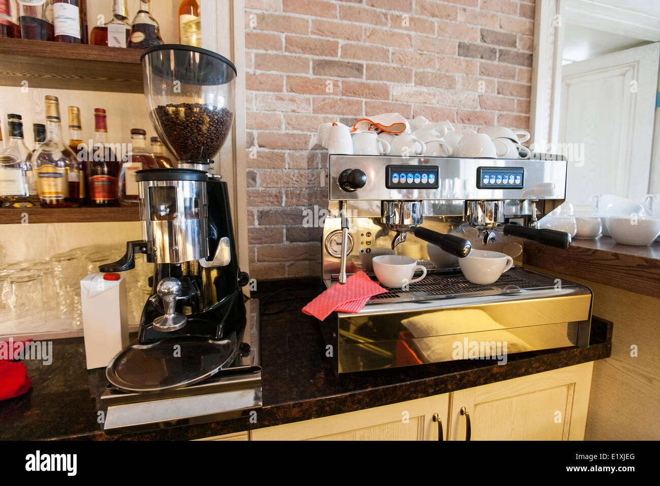 Coffee maker and espresso machine at restaurant counter Stock Photo Alamy