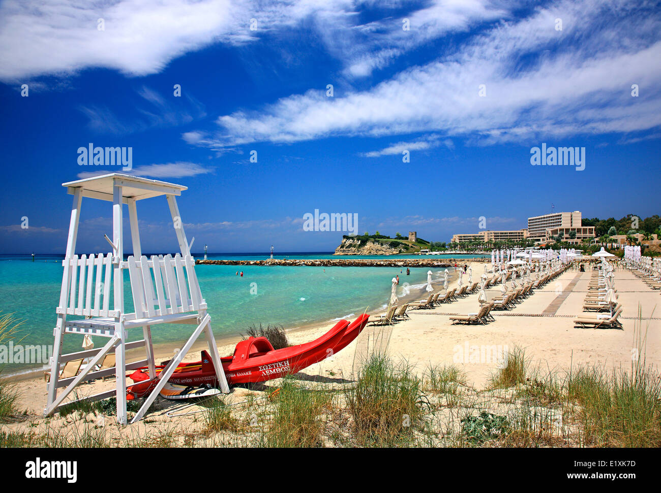 One of the beaches at Sani Beach Resort, Kassandra peninsula, Halkidiki ('Chalkidi'), Macedonia, Greece Stock Photo