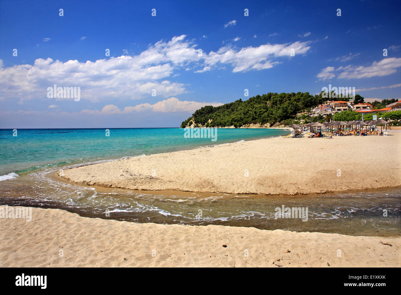 River reaches the sea at the beach of Siviri, Kassandra peninsula, Halkidiki (Chalkidiki), Macedonia, Greece. Stock Photo
