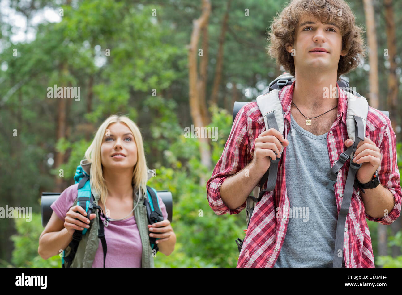 Young hiking couple looking away in forest Stock Photo