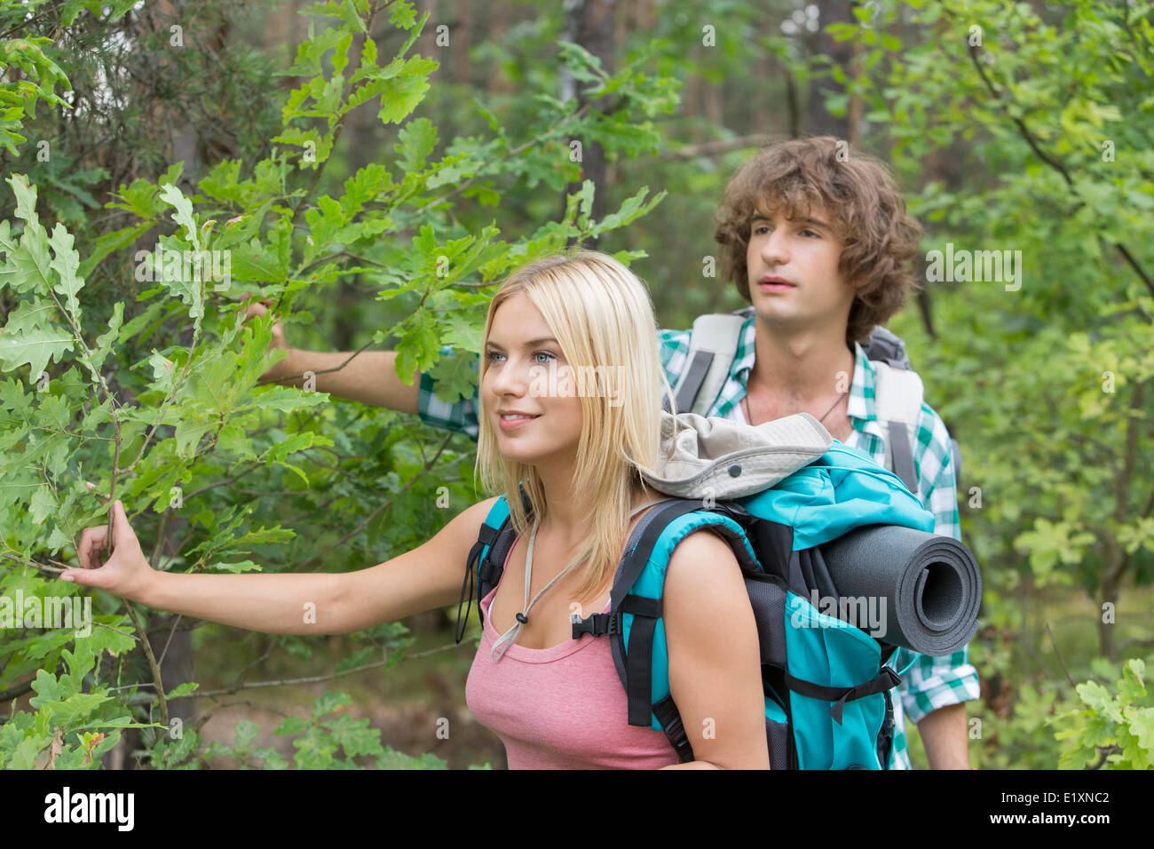 Young couple hiking in forest Stock Photo