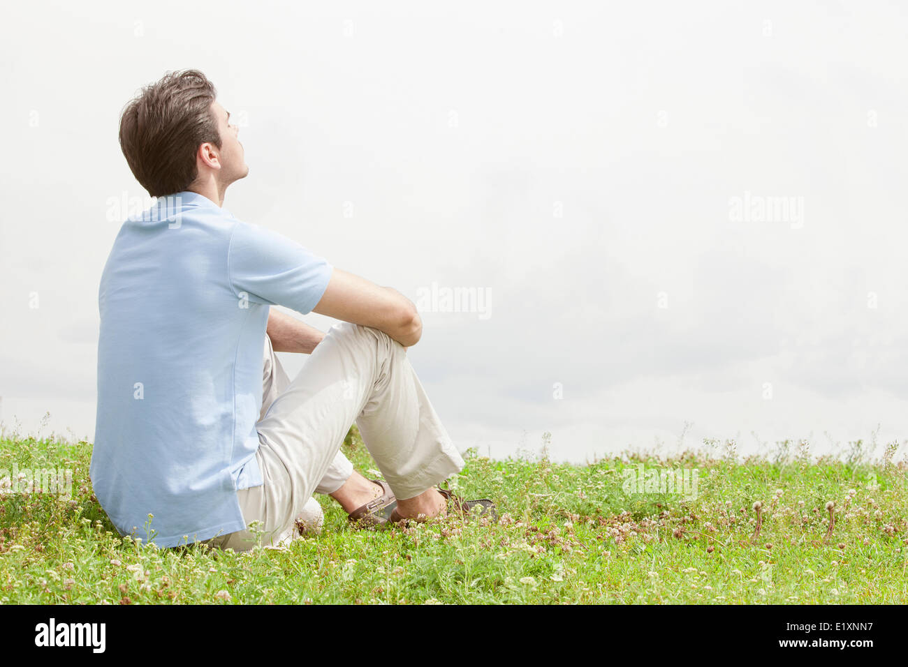 Rear view of relaxed young man sitting on grass against sky Stock Photo -  Alamy