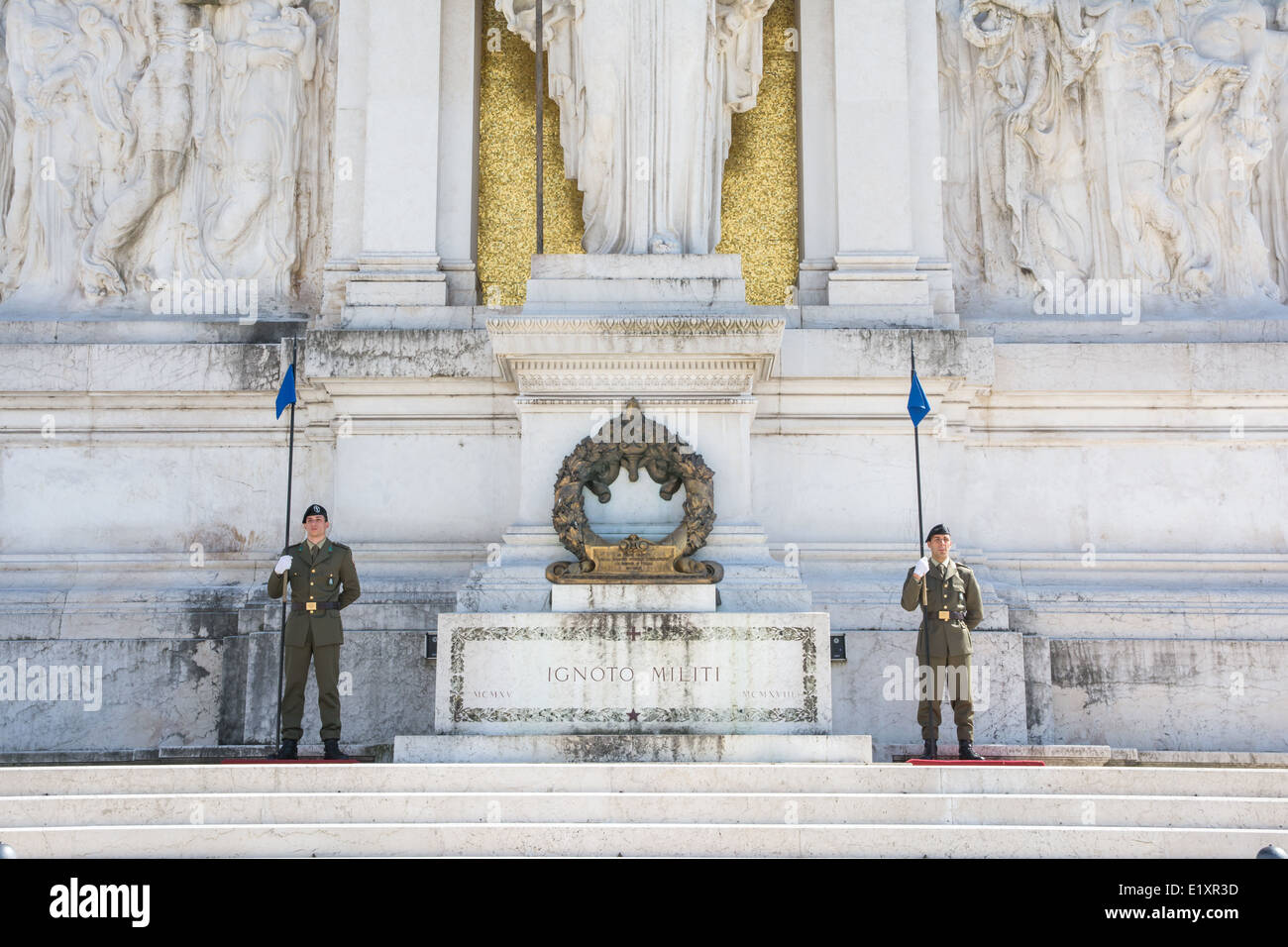 rome,italy-April 17,2014:Two soldiers stand guard at the monument of the Unknown Soldier in the altar of the fatherland in Rome Stock Photo