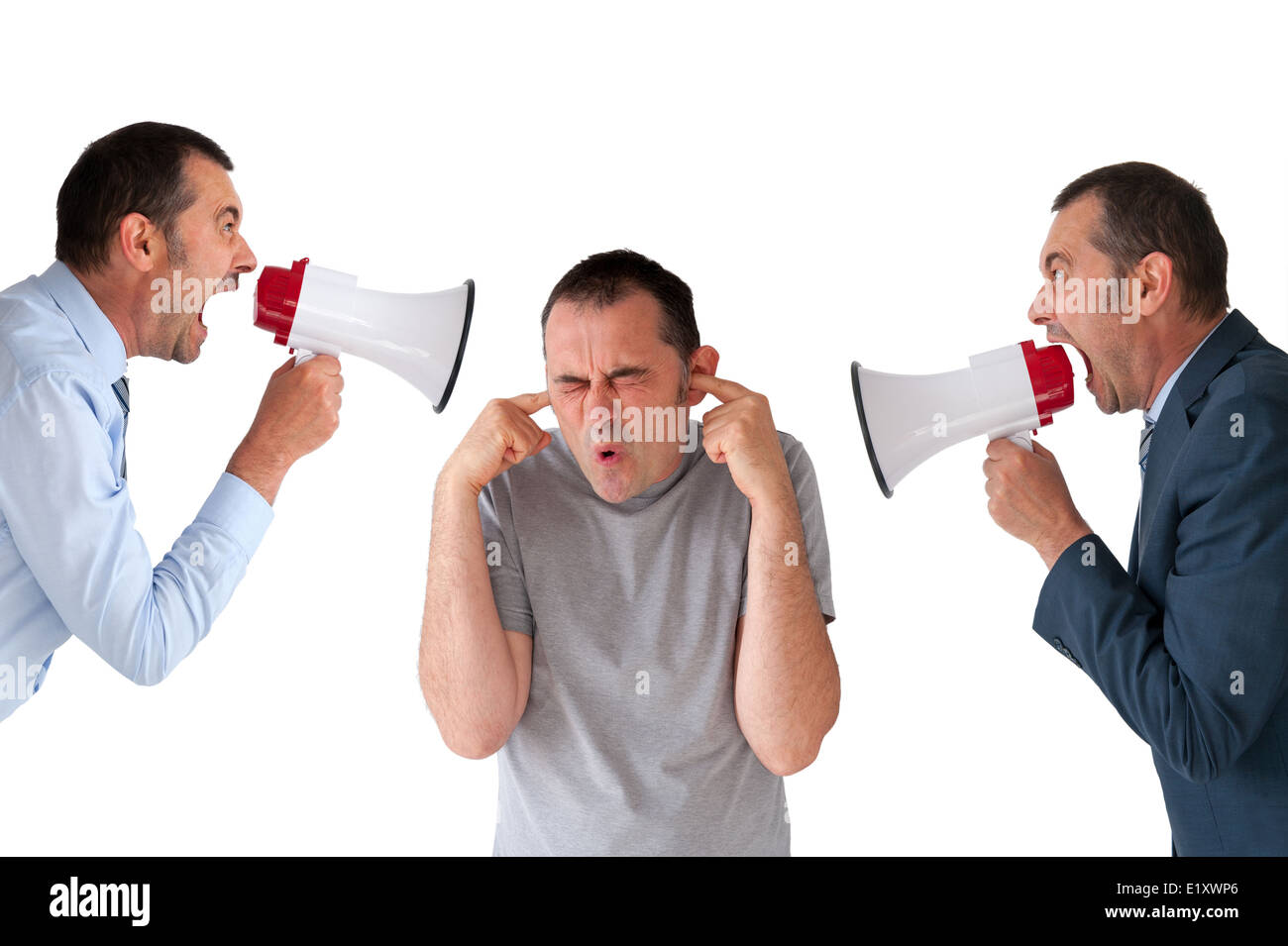 man being yelled at and bullied by managers isolated on white Stock Photo